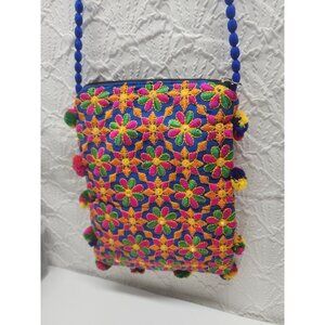 Multicolored Embroidered India Purse PomPoms Zip Closure Bright Colorful...
